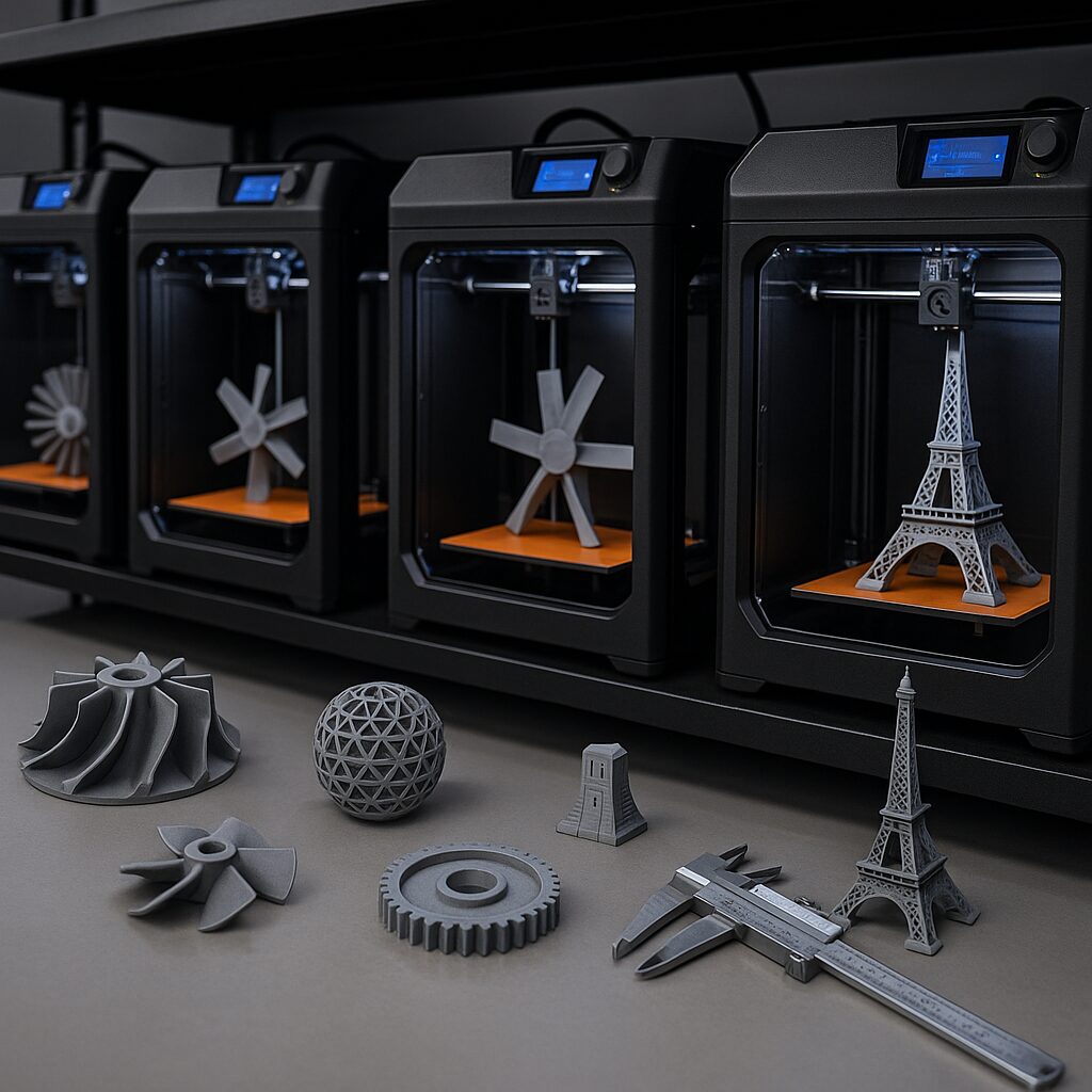 Fertige 3D Druckteile mit Maßstab – Detaillierte, 3D-gedruckte Prototypen und mechanische Bauteile wie Zahnräder, Kugeln und Windturbinen, begleitet von einem Messschieber für präzise Maße.