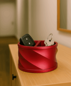 Roter 3D-gedruckter Organizer mit Autoschlüssel und Hausschlüsseln auf einer Kommode im Flur